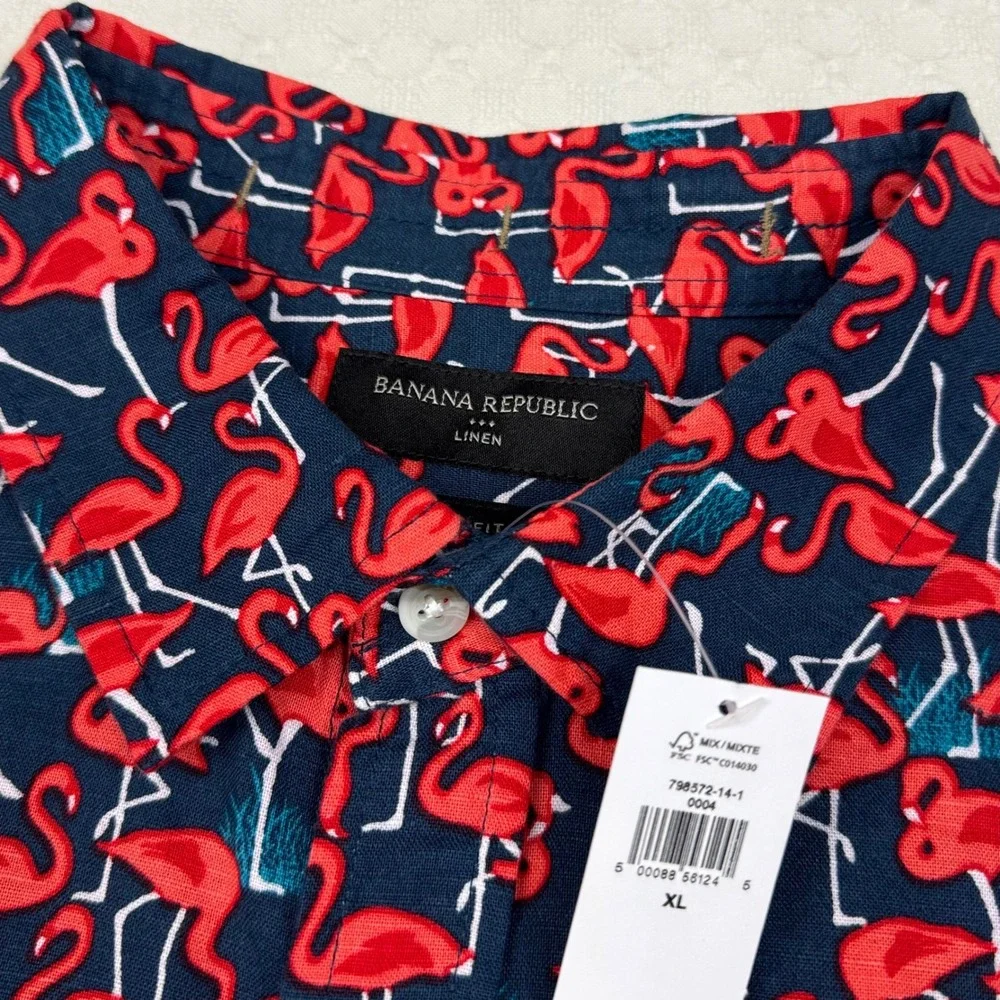 NWT Banana Republic Linen Blend Flamingo Shirt Slim Fit Mens‎ XL Navy Pink Red